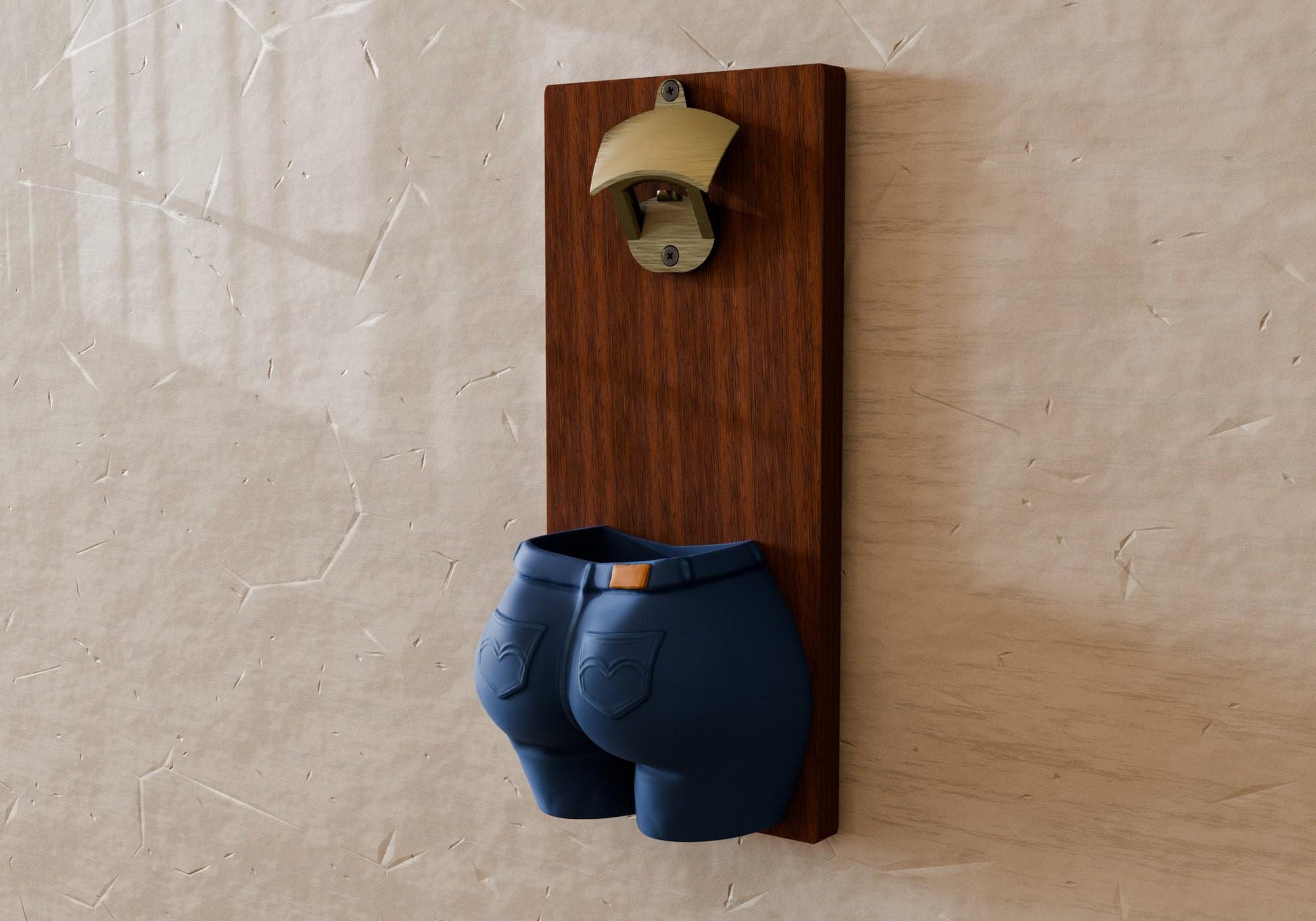 a pair of blue shorts hanging on a wall