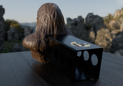 a black object with a long hair sitting on a table