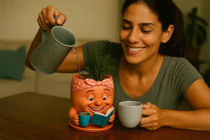 a woman pouring water into a cup next to a potted plant