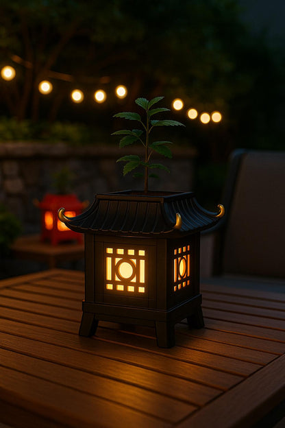 a lit up lantern sitting on top of a wooden table