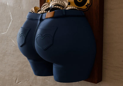 a pair of blue pants hanging on a wall