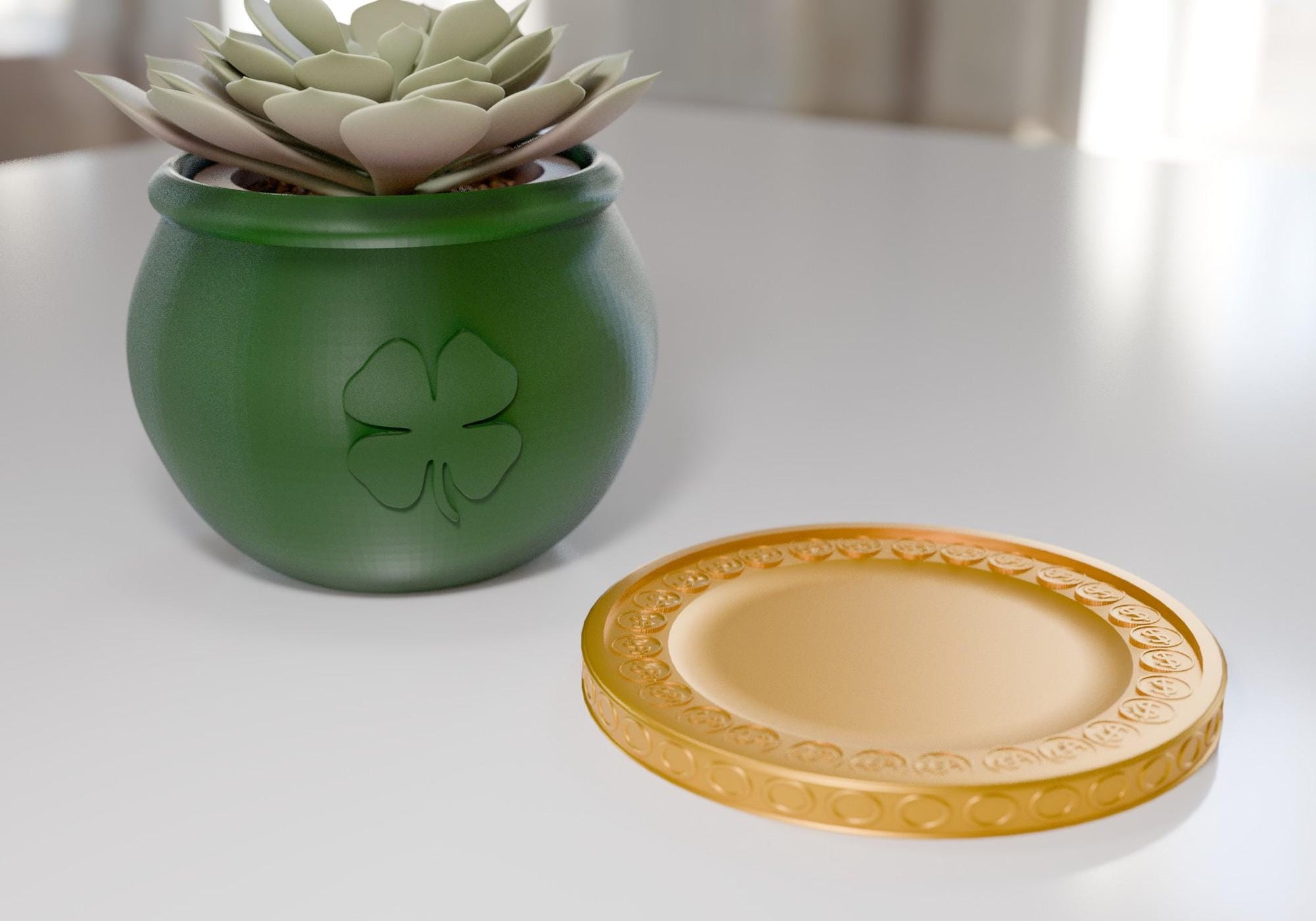 a green vase with a flower in it next to a gold plate