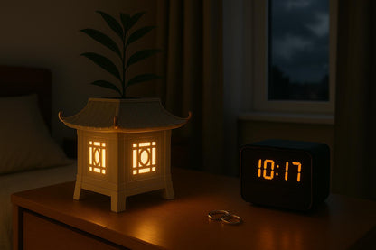 a wooden table topped with a clock next to a night stand