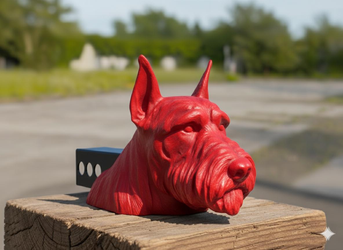 A red dog head sculpture is displayed on a wooden post, with a blurred background of trees and a road.