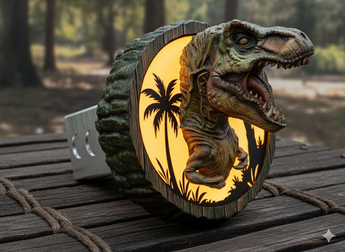 A 3D rendering of a T-Rex head with its mouth open, illuminated by a circular light source, is displayed on a wooden surface.