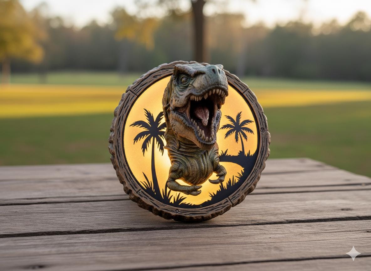 A dinosaur head sculpture is displayed on a wooden surface, with a palm tree silhouette and a yellow light behind it, creating a tropical ambiance.