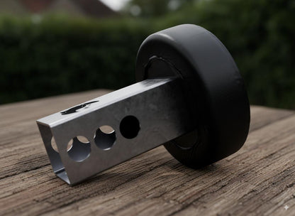 A black metal object with three circular holes is resting on a wooden surface.