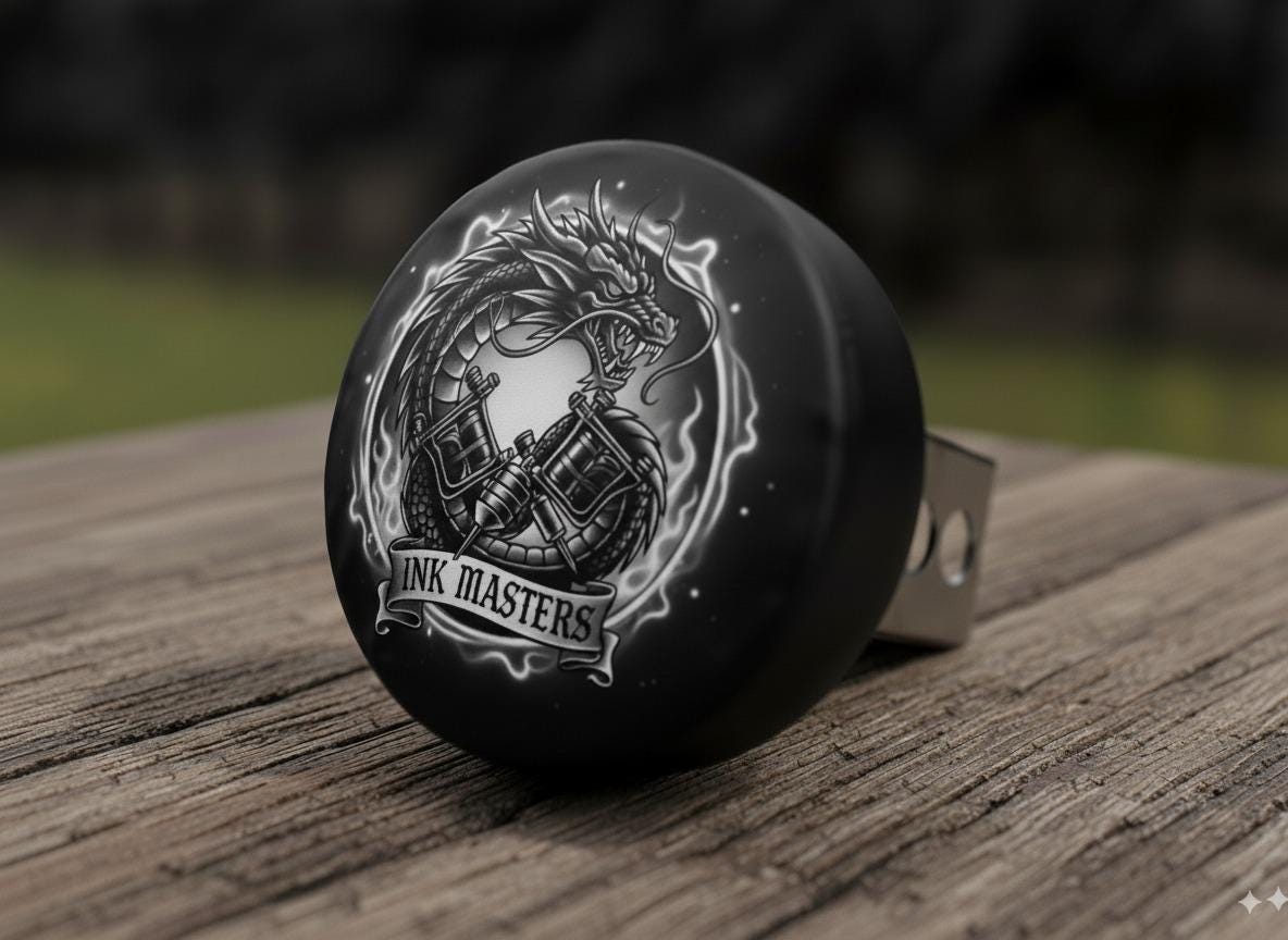 A black and white image of a black and white dragon-like creature with a banner that reads "INK MASTERS" on a wooden surface.