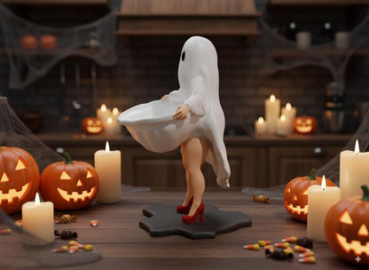 A Halloween-themed scene featuring a ghost figure, carved pumpkins, lit candles, and candy corn on a wooden table.