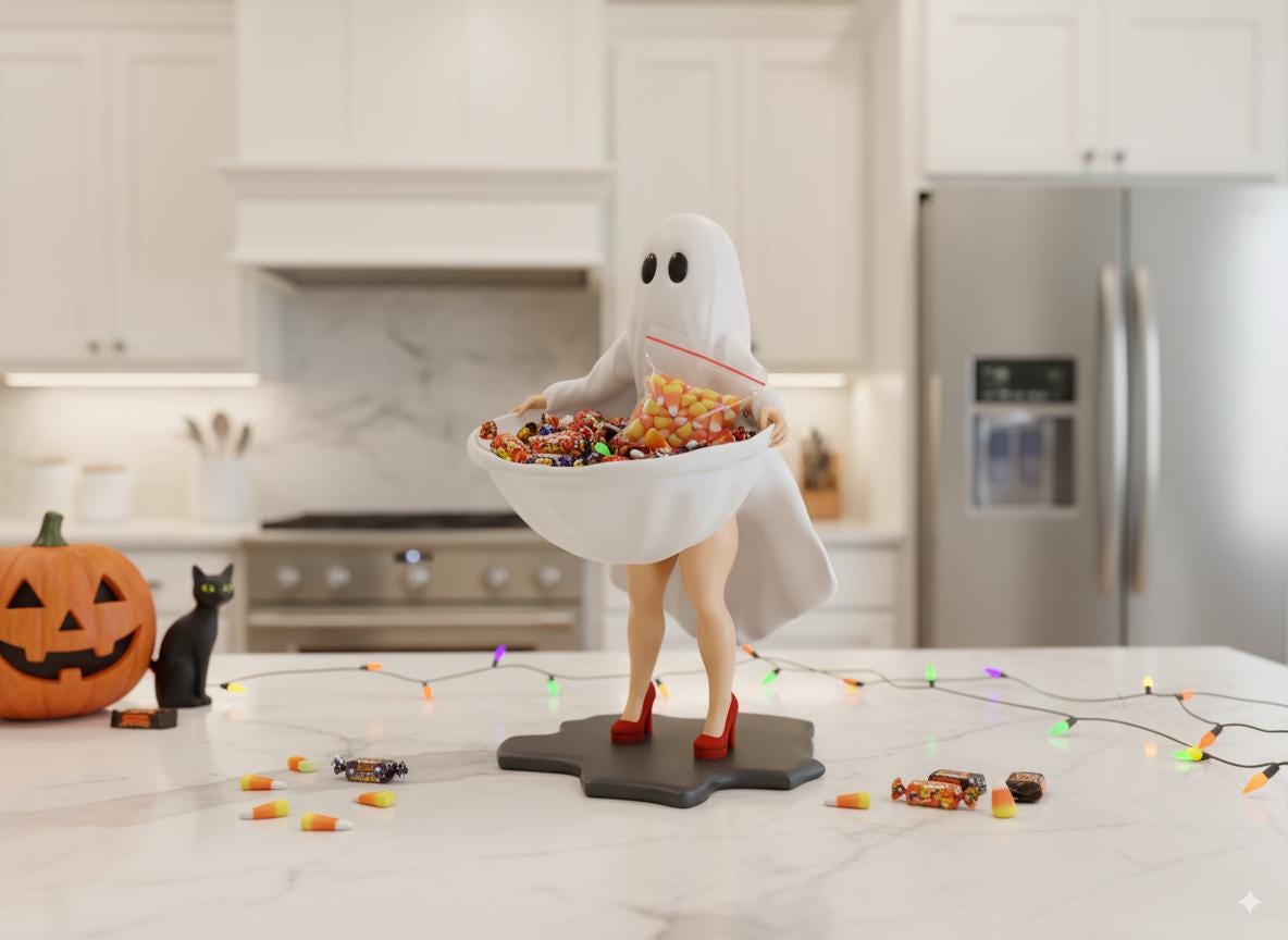 A Halloween-themed scene featuring a ghost figurine holding a bowl of candy, with a carved jack-o-lantern, string lights, and a kitchen counter in the background.