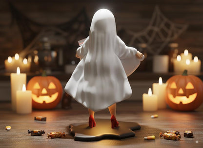 A 3D rendering of a ghost figure in a white outfit standing on a wooden surface, surrounded by Halloween decorations such as carved pumpkins and lit candles.