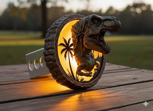 A decorative lamp with a dinosaur head design, illuminated by a warm yellow light, is placed on a wooden surface.