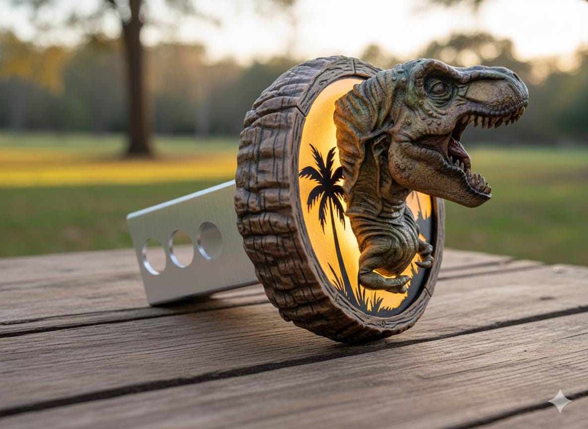 A decorative piece featuring a dinosaur head with a palm tree silhouette, placed on a wooden surface.