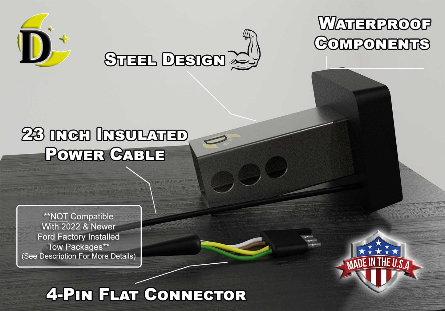 a 4-Pin Flat Connector, a 23-inch Insulated Power Cable, and a waterproof component. The product is made in the U.S.A. and is designed for Ford tractors.