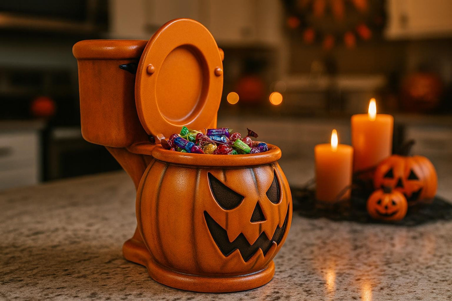 A Halloween-themed candy dispenser shaped like a toilet, filled with various candies, sits on a kitchen counter with lit candles and carved jack-o-lanterns in the background.