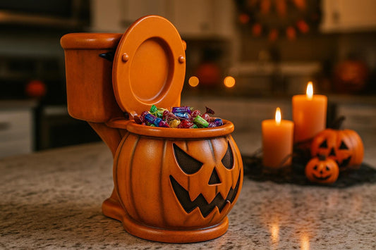 A Halloween-themed candy dispenser shaped like a toilet, filled with various candies, sits on a kitchen counter with lit candles and carved jack-o-lanterns in the background.
