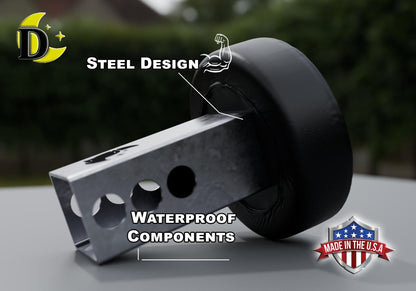 a close-up of a black metal object with a hole in it, accompanied by text highlighting its steel design and waterproof components.