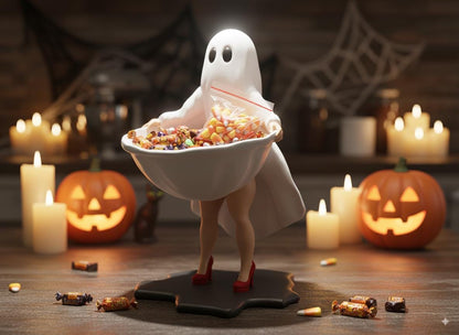 A Halloween-themed scene featuring a ghost figurine holding a bowl of candy, surrounded by carved pumpkins, lit candles, and spiderwebs.