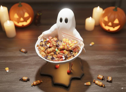 A Halloween-themed scene featuring a ghost figurine holding a bowl of candy, surrounded by carved jack-o-lanterns and lit candles.