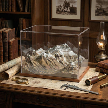 a wooden desk with a glass display case containing a model of a mountain range, a compass, and a telescope.
