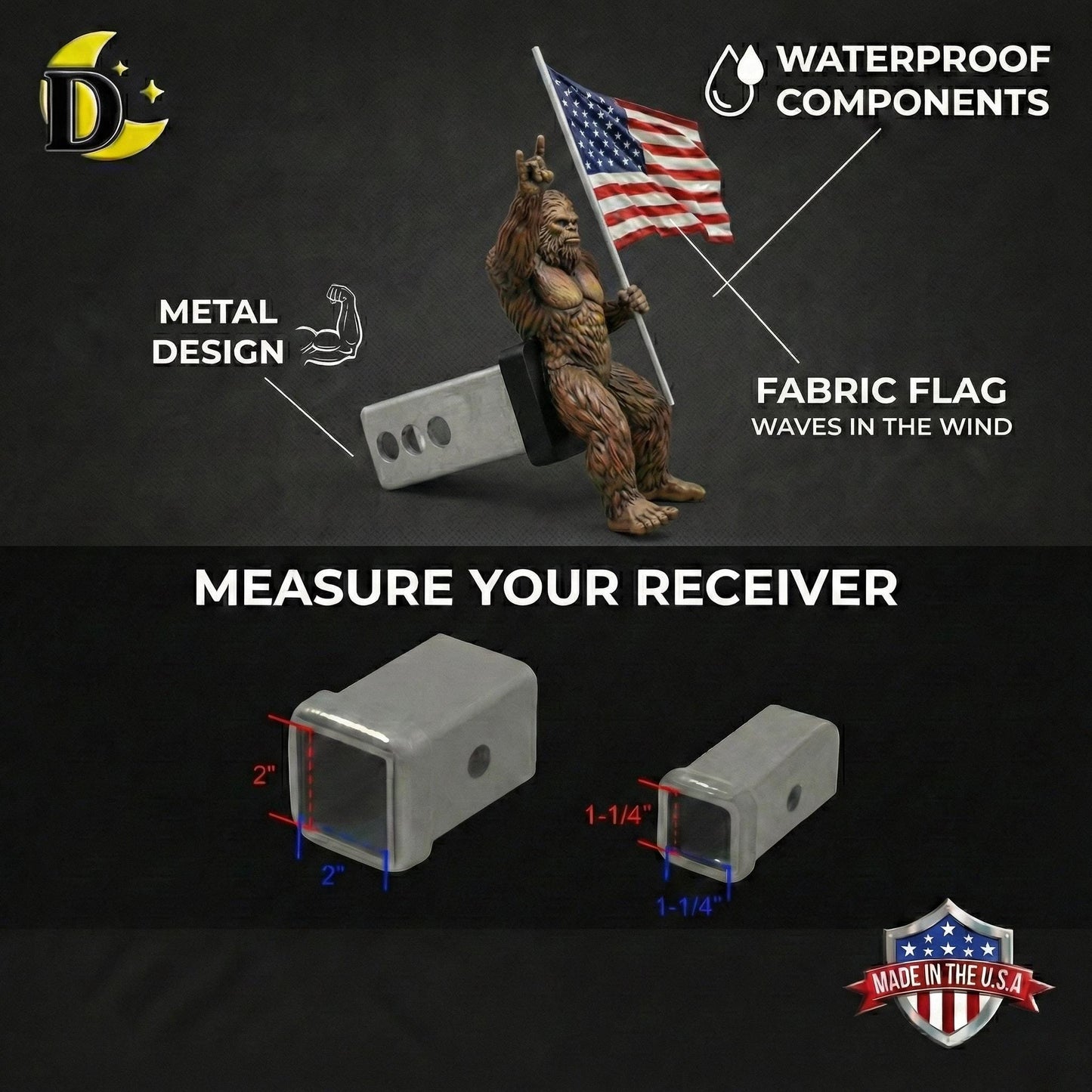 The image is a product advertisement for a tow hitch, featuring a large metal design and a small fabric flag waving in the wind. The ad includes text and measurements to describe the product, such as "METER YOUR RECEIVER" and "WATERPROOF COMPONENTS".