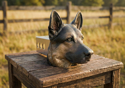 A German Shepherd dog is sitting on a wooden table in a field, with its head resting on the table.