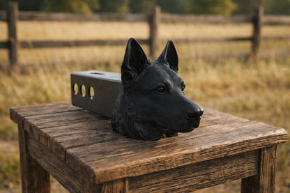 A black dog head sculpture is resting on a wooden table in a field.
