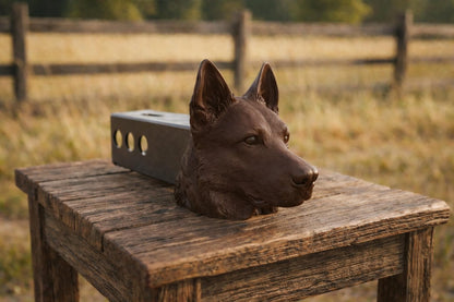 A brown dog statue is sitting on a wooden table in a field.