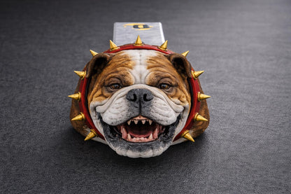A close-up of a bulldog wearing a red spiked collar with gold spikes, sitting on a gray surface.