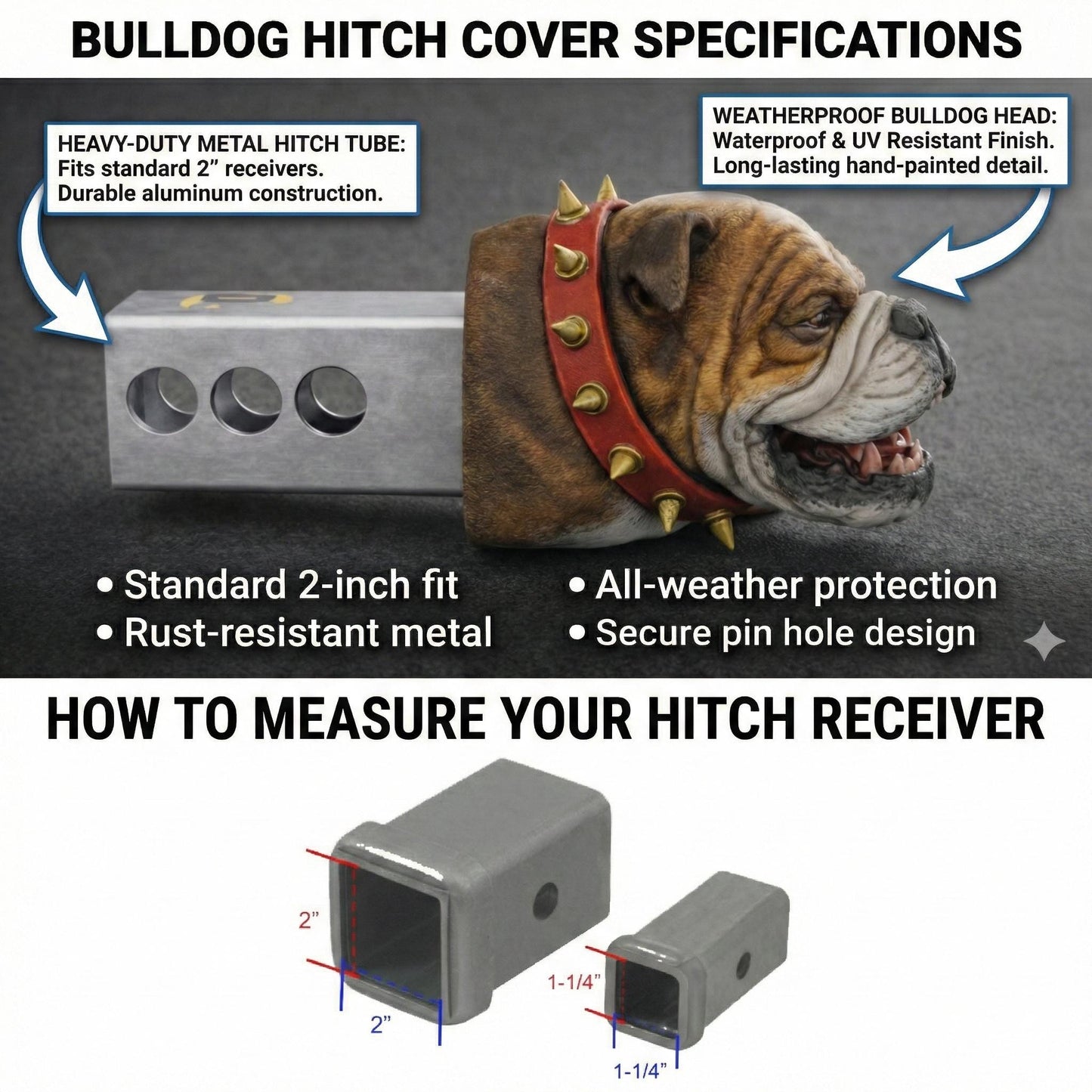 The image is a collage of two images: one showing a bulldog wearing a red spiked collar, and the other showing a standard 2-inch fit for a heavy-duty metal hitch receiver. The collage provides specifications and measurements for the bulldog's collar and the receiver.
