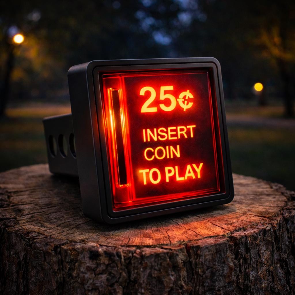 A red and black sign on a tree stump that reads "INSERT COIN TO PLAY", indicating that the sign is a pay station or coin-operated game machine.