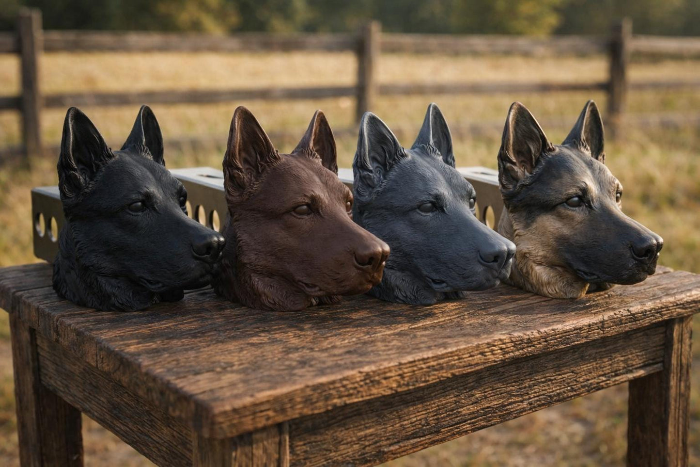 A wooden table with four dog head sculptures in different colors - black, brown, gray, and black - arranged in a row.