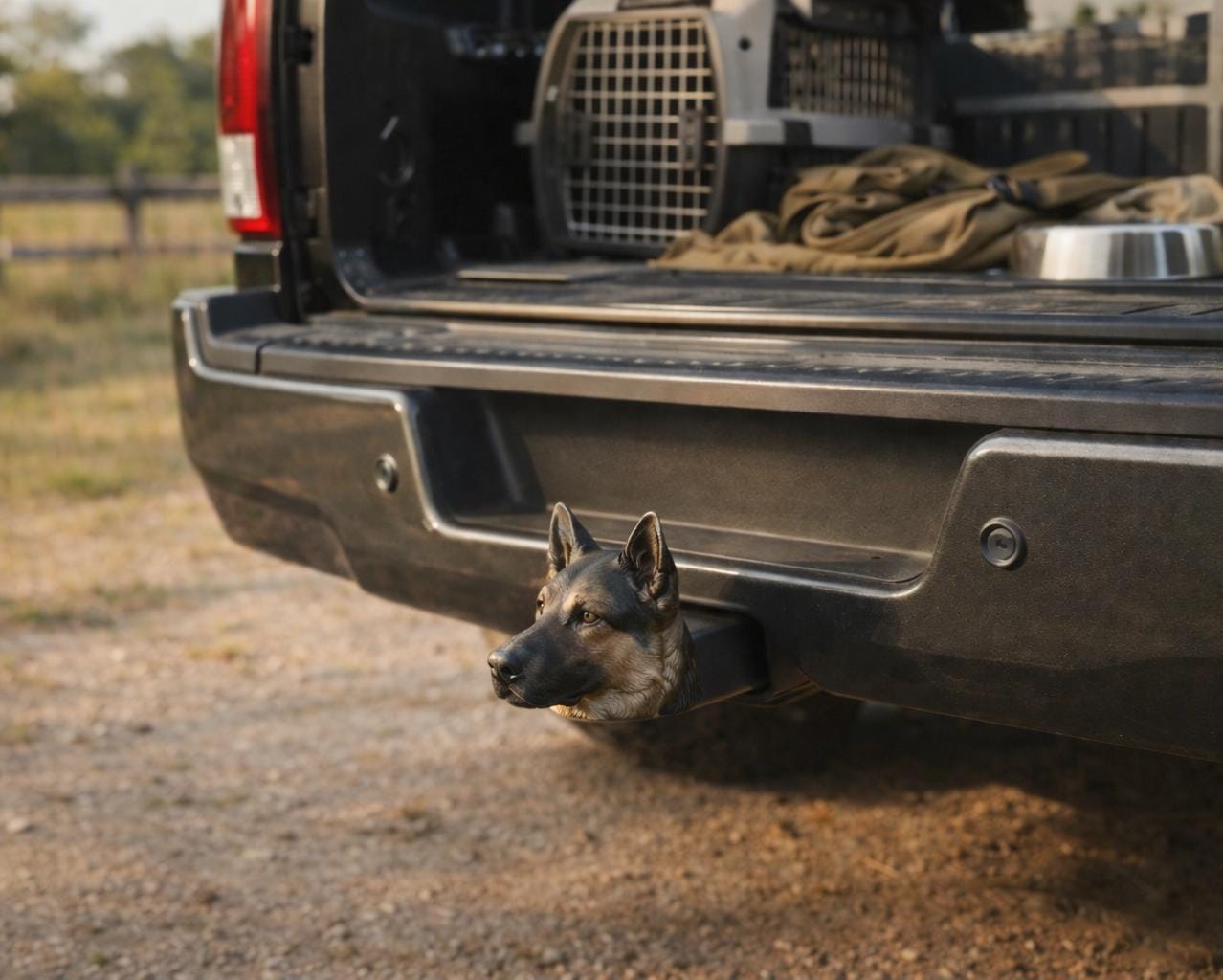 A German Shepherd dog is sticking its head out of the back of a pickup truck, with a dog crate and other items visible in the truck bed.