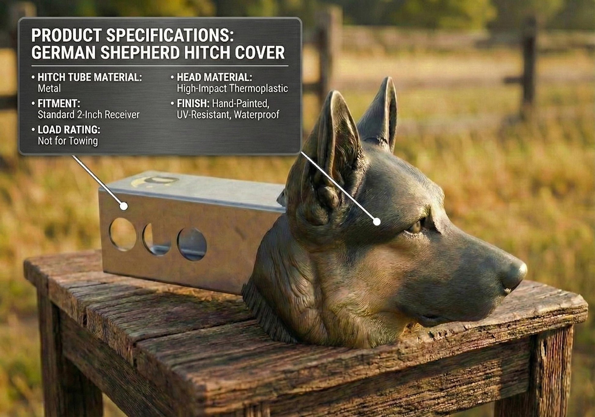 a German Shepherd dog sitting on a wooden table, with a metal object, possibly a German Shepherd harness cover, placed on the table.