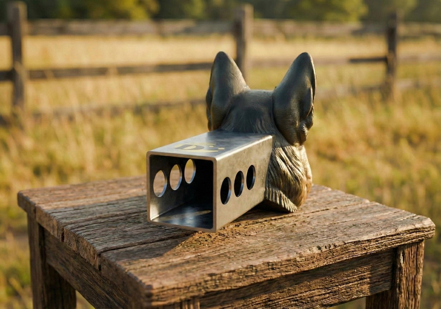 A dog head sculpture is placed on a wooden table in a grassy field.