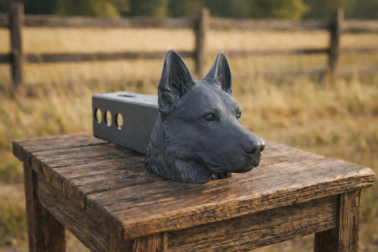 A black dog head sculpture is resting on a wooden table in a field.