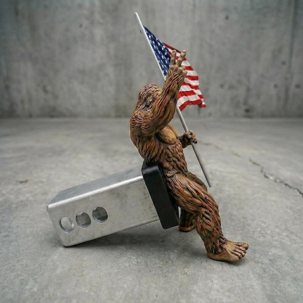 Bigfoot Peace Sign Hitch Cover with Waving American Flag – Patriotic Truck Accessory