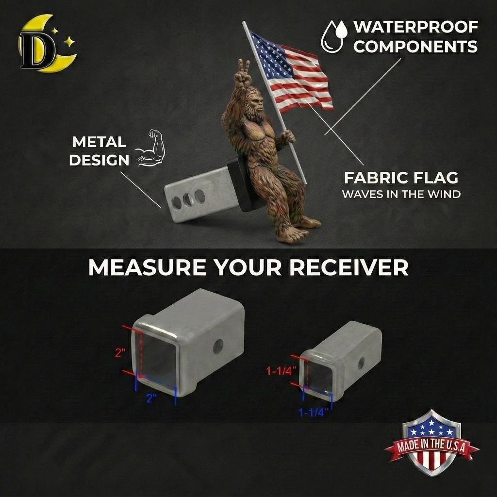 Bigfoot Peace Sign Hitch Cover with Waving American Flag – Patriotic Truck Accessory