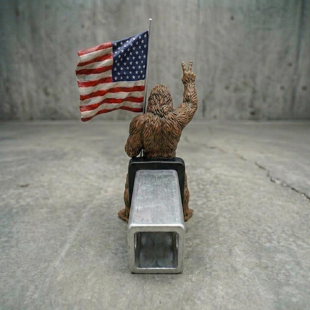 Bigfoot Peace Sign Hitch Cover with Waving American Flag – Patriotic Truck Accessory