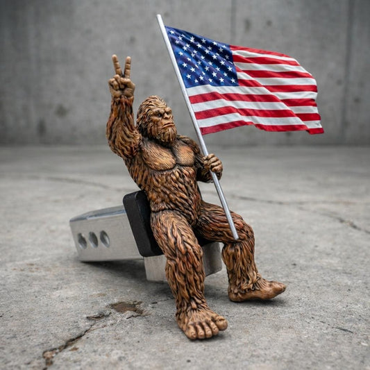 Bigfoot Peace Sign Hitch Cover with Waving American Flag – Patriotic Truck Accessory