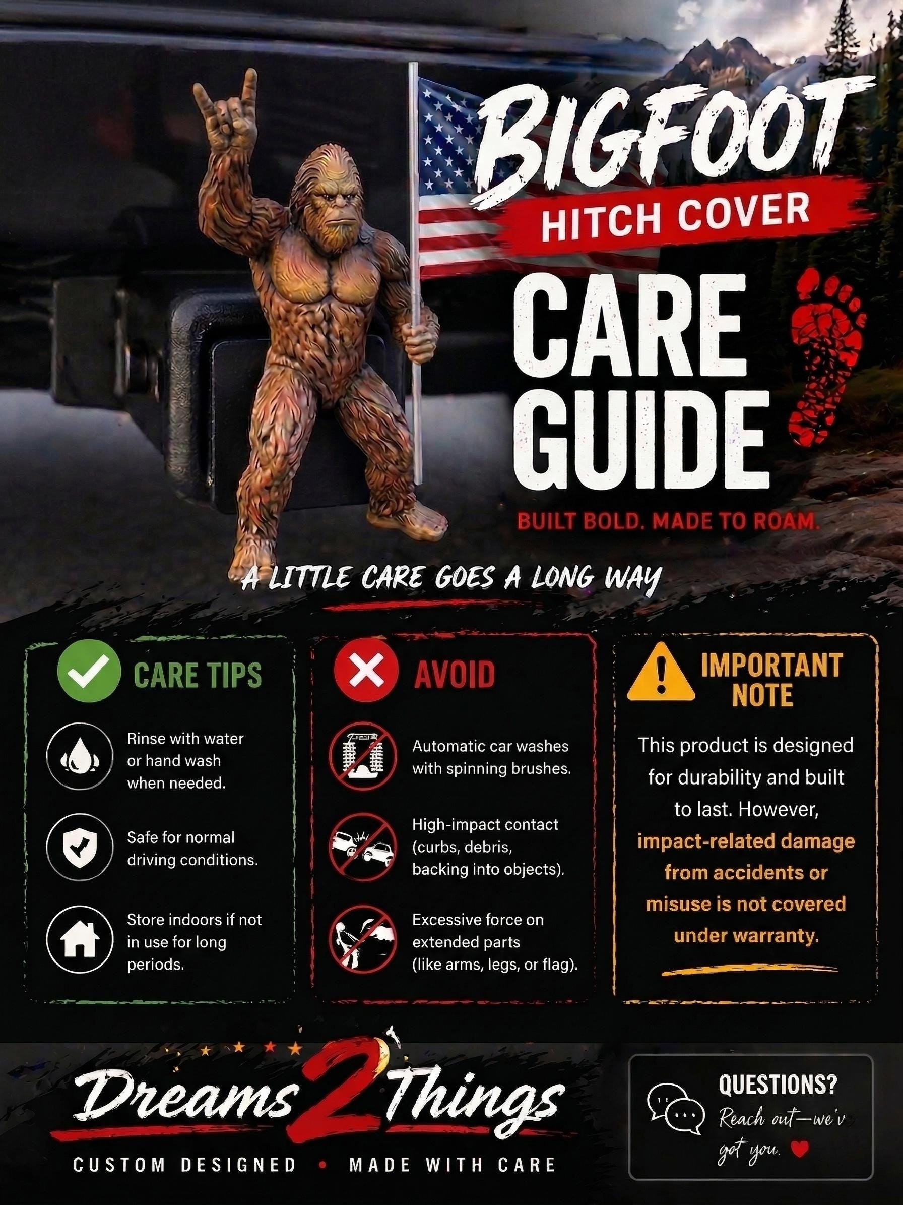 Bigfoot Rock On Hitch Cover with Waving American Flag – Patriotic Truck Accessory