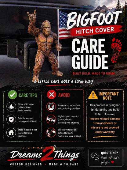Bigfoot Rock On Hitch Cover with Waving American Flag – Patriotic Truck Accessory