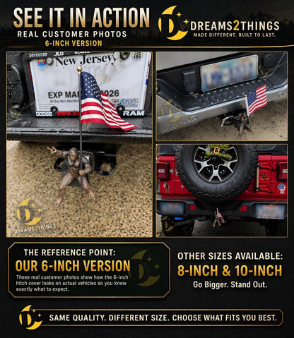 Bigfoot Rock On Hitch Cover with Waving American Flag – Patriotic Truck Accessory