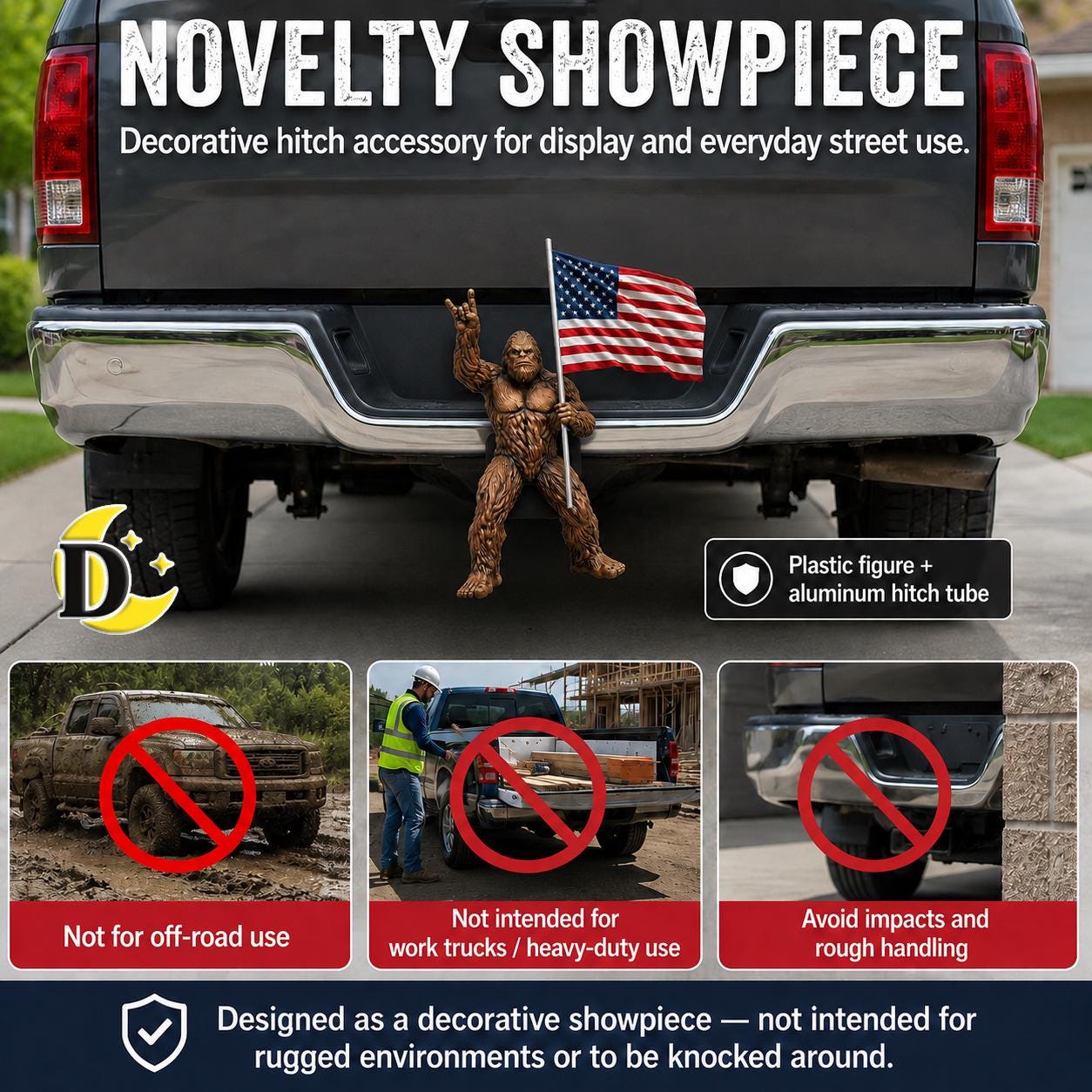 Bigfoot Rock On Hitch Cover with Waving American Flag – Patriotic Truck Accessory