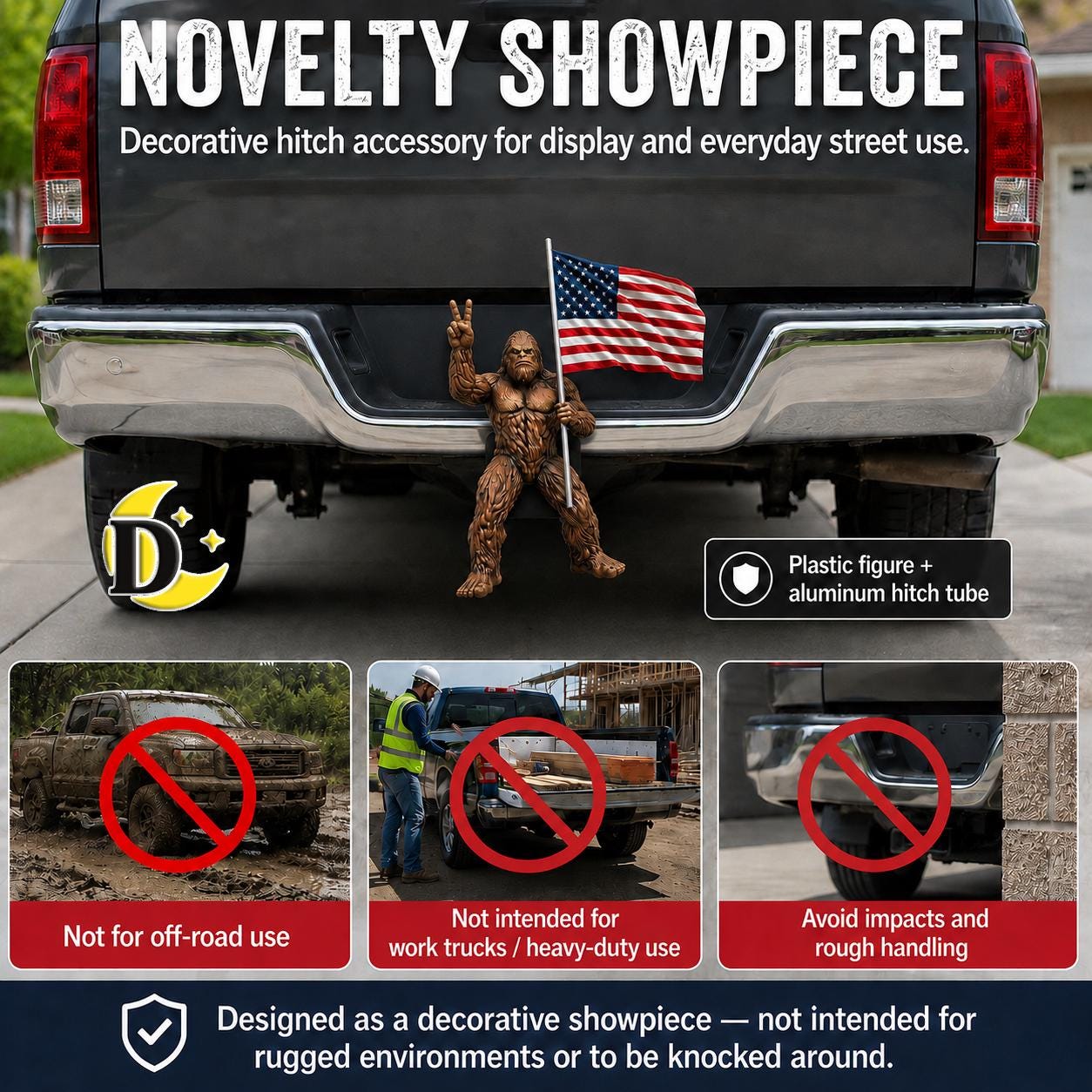Bigfoot Peace Sign Hitch Cover with Waving American Flag – Patriotic Truck Accessory