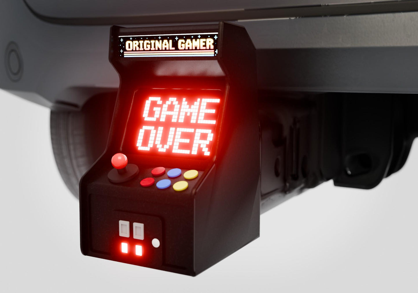 Retro Arcade LED Hitch Cover, Glowing Red Game Over Screen Receiver Plug, Original Gamer Marquee Truck Accessory, Great Unique Gift For Dads