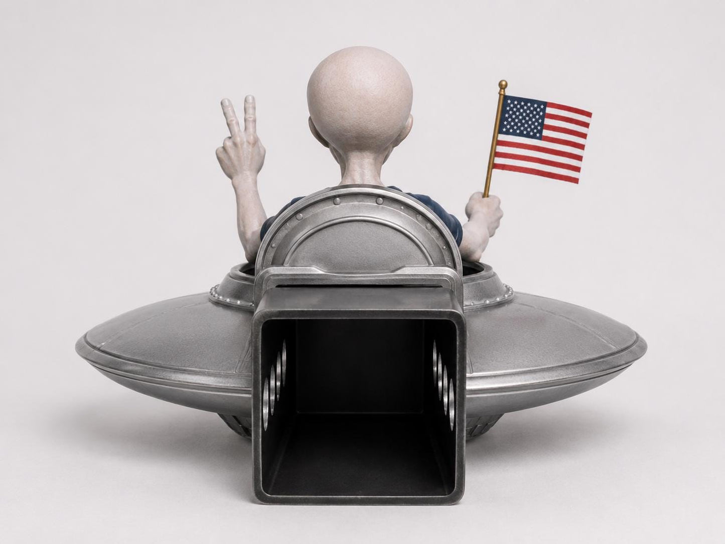 Grey Alien Trailer Hitch Cover, Hand-Finished UFO with American Flag