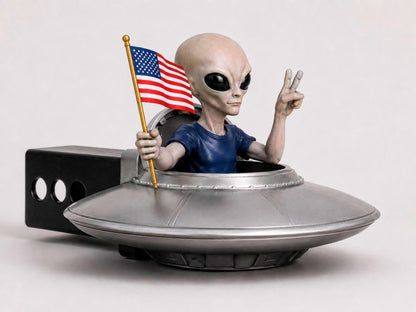 Grey Alien Trailer Hitch Cover, Hand-Finished UFO with American Flag