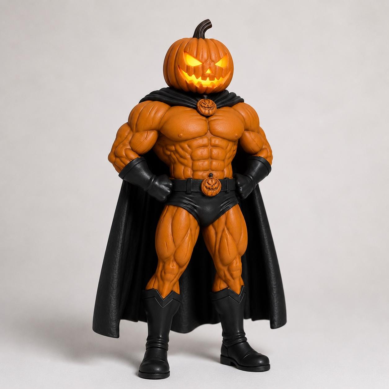 Jack-O'-Lantern 10-Inch Hand painted Figurine, 3D Printed Halloween Pumpkin Superhero with LED Option