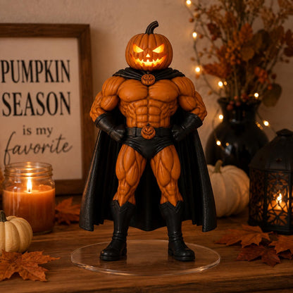 Jack-O'-Lantern 10-Inch Hand painted Figurine, 3D Printed Halloween Pumpkin Superhero with LED Option